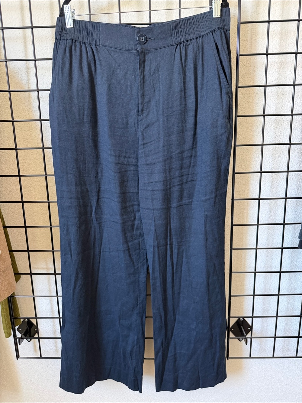 CAbi Navy Linen Wide-Leg Trousers
